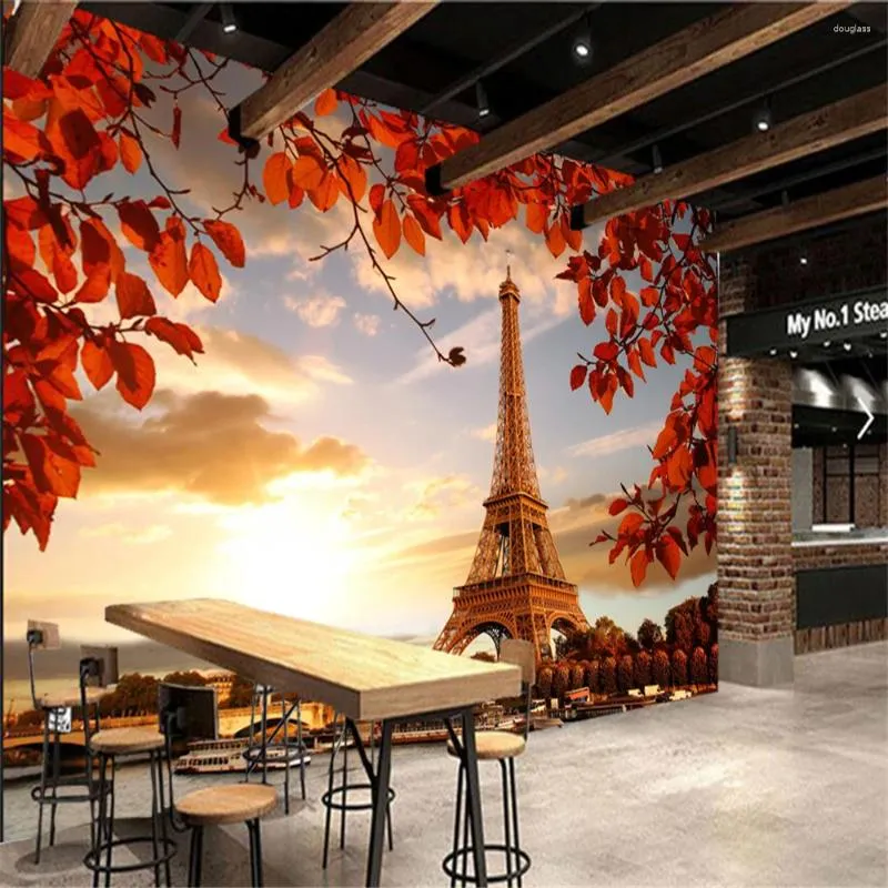 Fonds d'écran Papel De Parede Automne Tour Eiffel Paris Po Feuille 3D Papier Peint Mur Chambre Papiers Décor À La Maison Murale