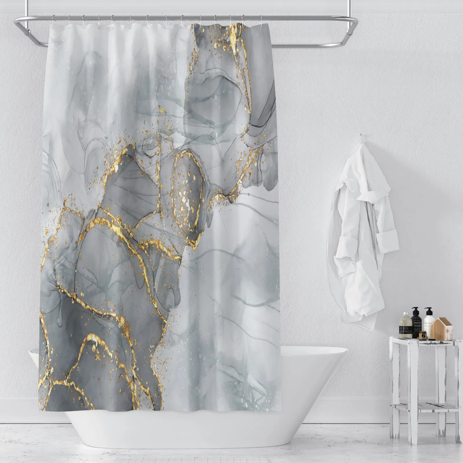 Rideaux de douche Rideaux de douche en marbre pour salle de bain rideaux de salle de bain de luxe en tissu imperméable avec crochets accessoires de salle de bain modernes 230406