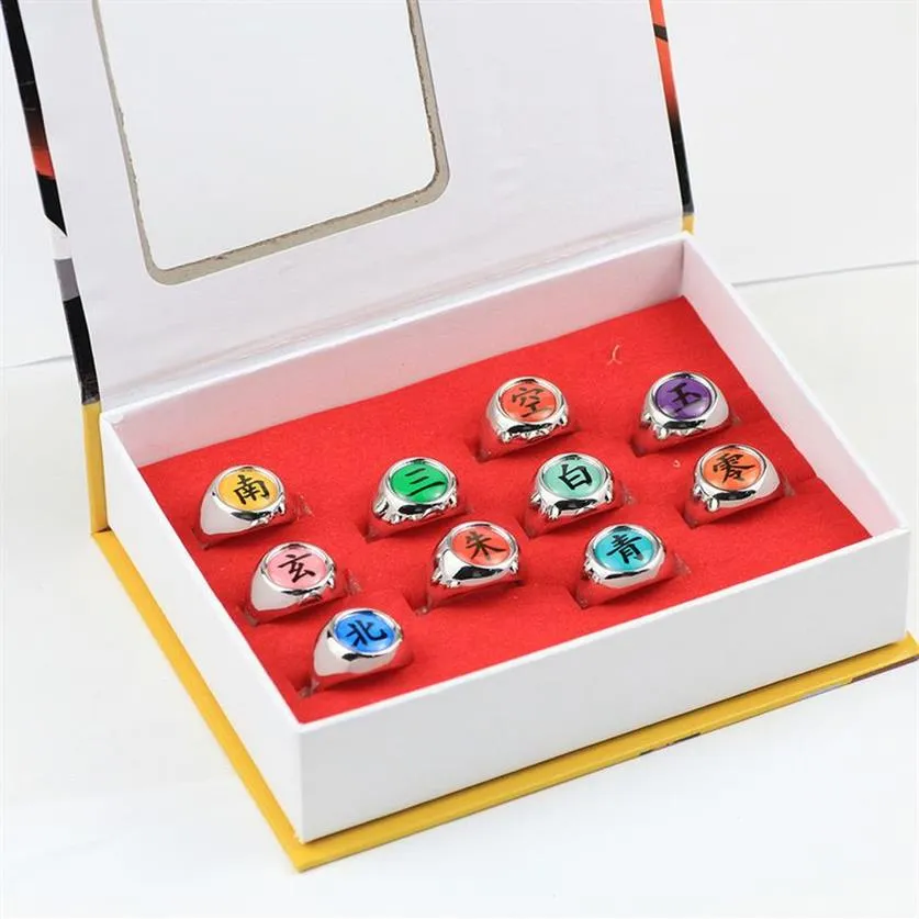 10Pcs Naruto Rings Akatsuki Uchiha Itachi Orochimaru member's Ring Set in box Props Gift 210310261j