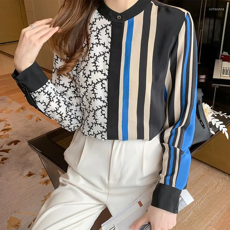 Camicette da donna Camicetta in chiffon Camicia da ragazza Striscia estiva Casual Manica lunga Top Moda O-Collo Abbigliamento femminile Stile coreano