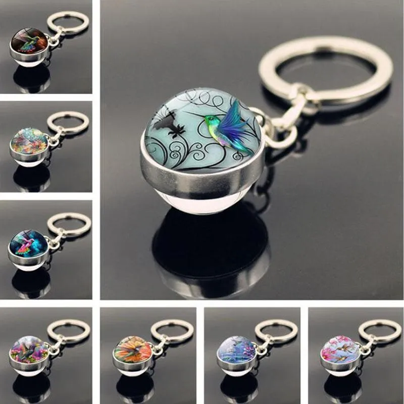 Porte-clés WG 1pc Colibri Porte-clés Pendentif Cabochon Double face Cristal Verre Boule Animaux Oiseaux Porte-clés Pour Femmes Bijoux