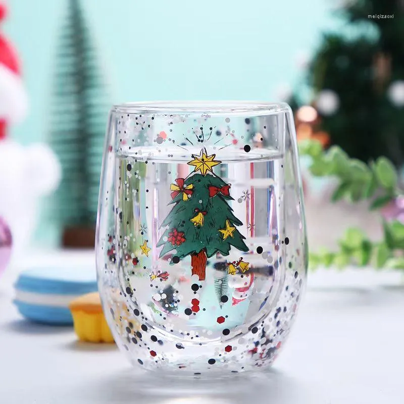 Verres à vin Noël Résistant à la chaleur Double couche Verre Qui coule Paillettes Coupe Mignon Dessin Animé Flocon De Neige Arbre Lait