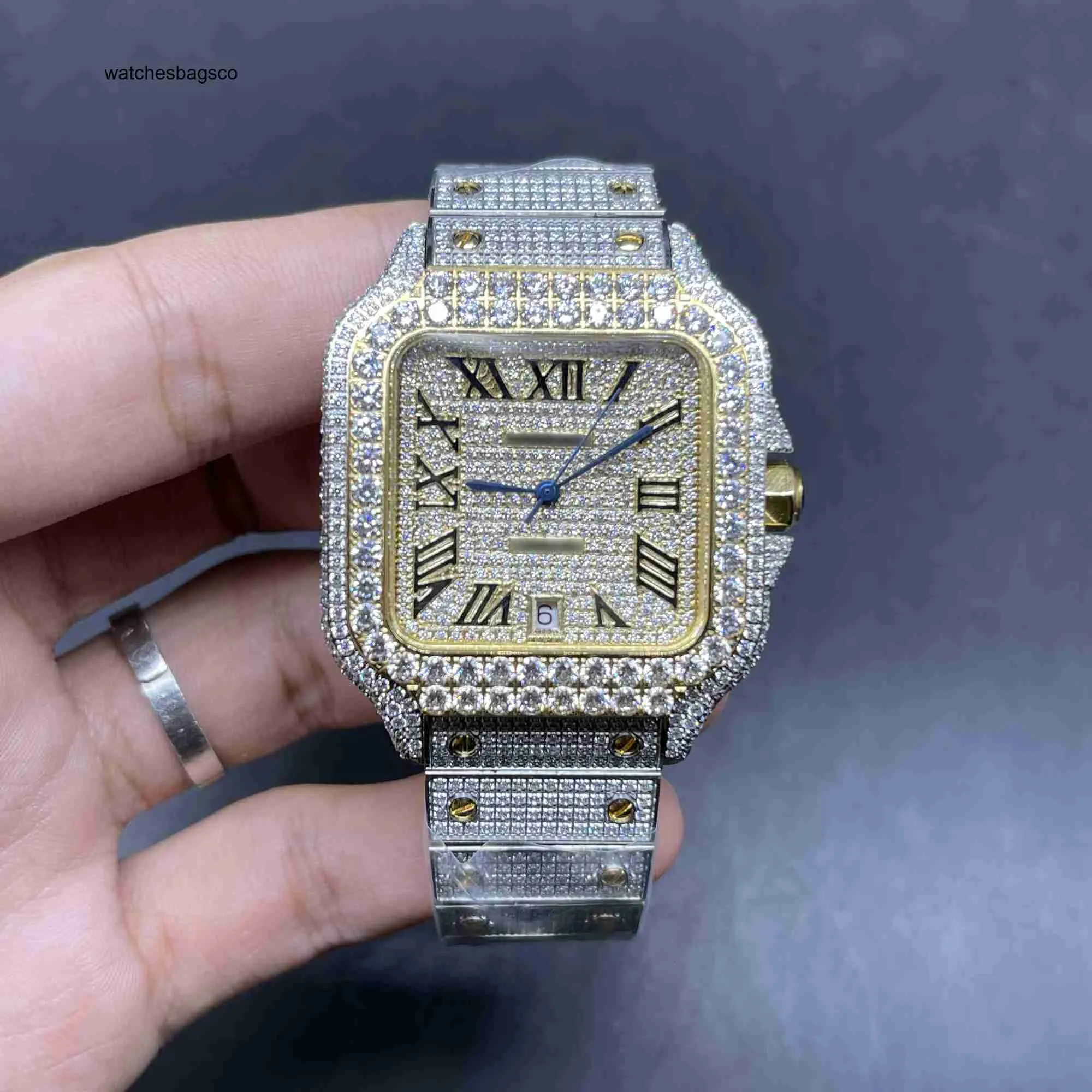Designer Diamond Watches VVS L'ultimo orologio con diamanti da uomo nel 2023, grande lunetta, popolare movimento automatico con cassa in oro bicolore lucido hip-hop