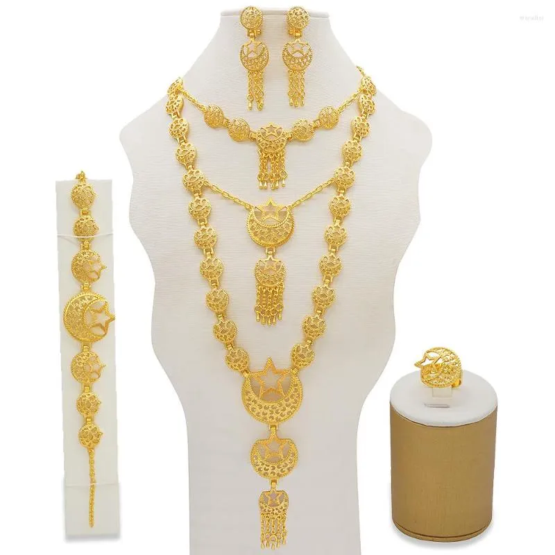 Conjunto de collar y pendientes de tres capas para mujer, cadena larga de boda, Color dorado, fiesta árabe africana de Dubái, regalos para esposa