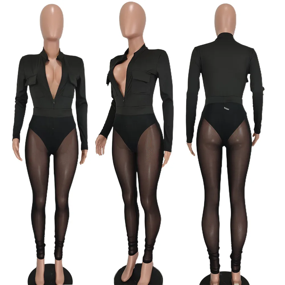 Designer Tracksuits Women Sexy Bodysuits and Mesh Pants Two Piece Sets Autumn Clothes Long Sleeve Rompers See Through Leggings Night Club Wear Bulk Wholesale 8629
