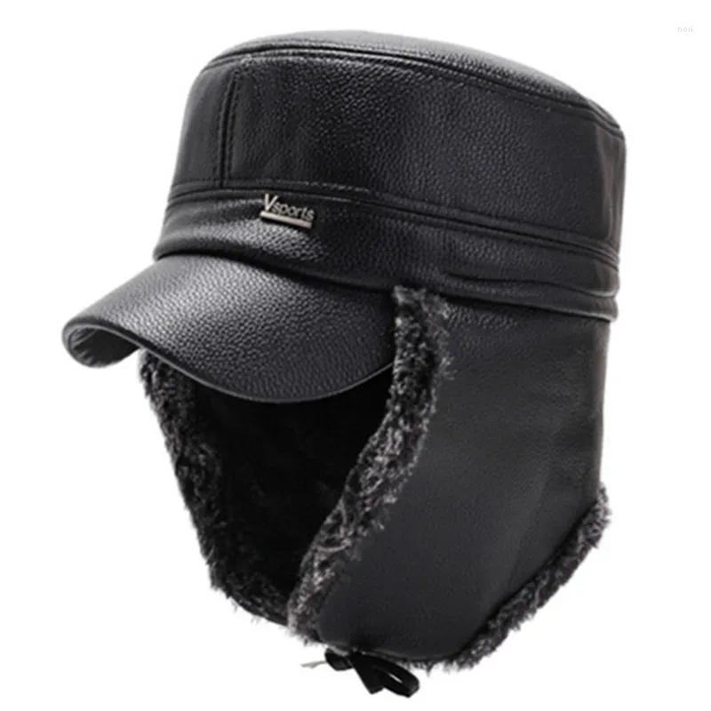 Bollmössor Vinter Men Pu Imitation Leather Warm Baseball Plus Velvet Fluff Earmuffs Hats Snapback Cap Bone Cold Proof Ski