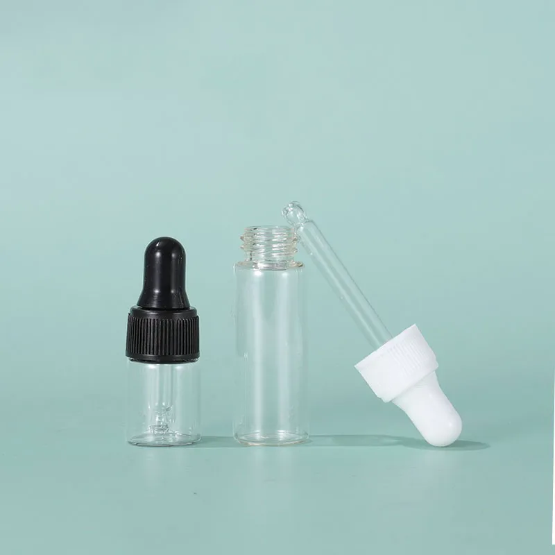 Bouteille en verre divisée en verre, 1-5ml, huile essentielle, compte-gouttes avec bouchon noir et blanc, DHL gratuit, offre spéciale