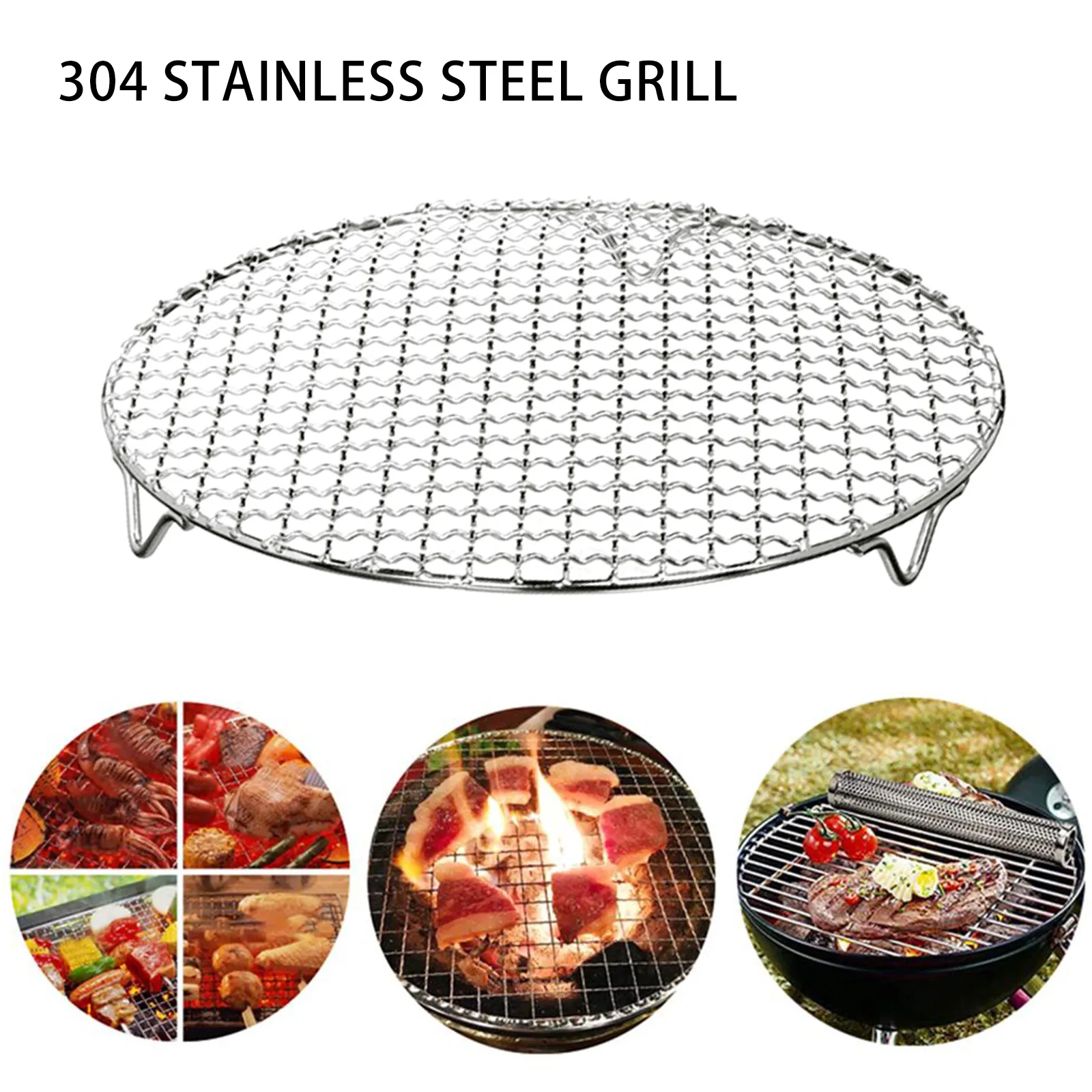 BBQ Tools Tillbehör Rostfritt stål Rund Grillnät med fotgrill BBQ Meshes Cooling Rack Steam Baking Rack Camping Outdoor BBQ GRILL MESH 230404