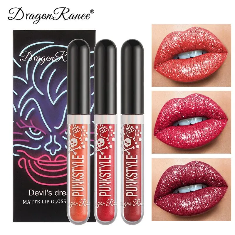 Dragon Ranee Devil's Dream Halloween diamant paillettes brillant à lèvres Kit imperméable paillettes liquide noir rouge à lèvres brillant teinte des lèvres