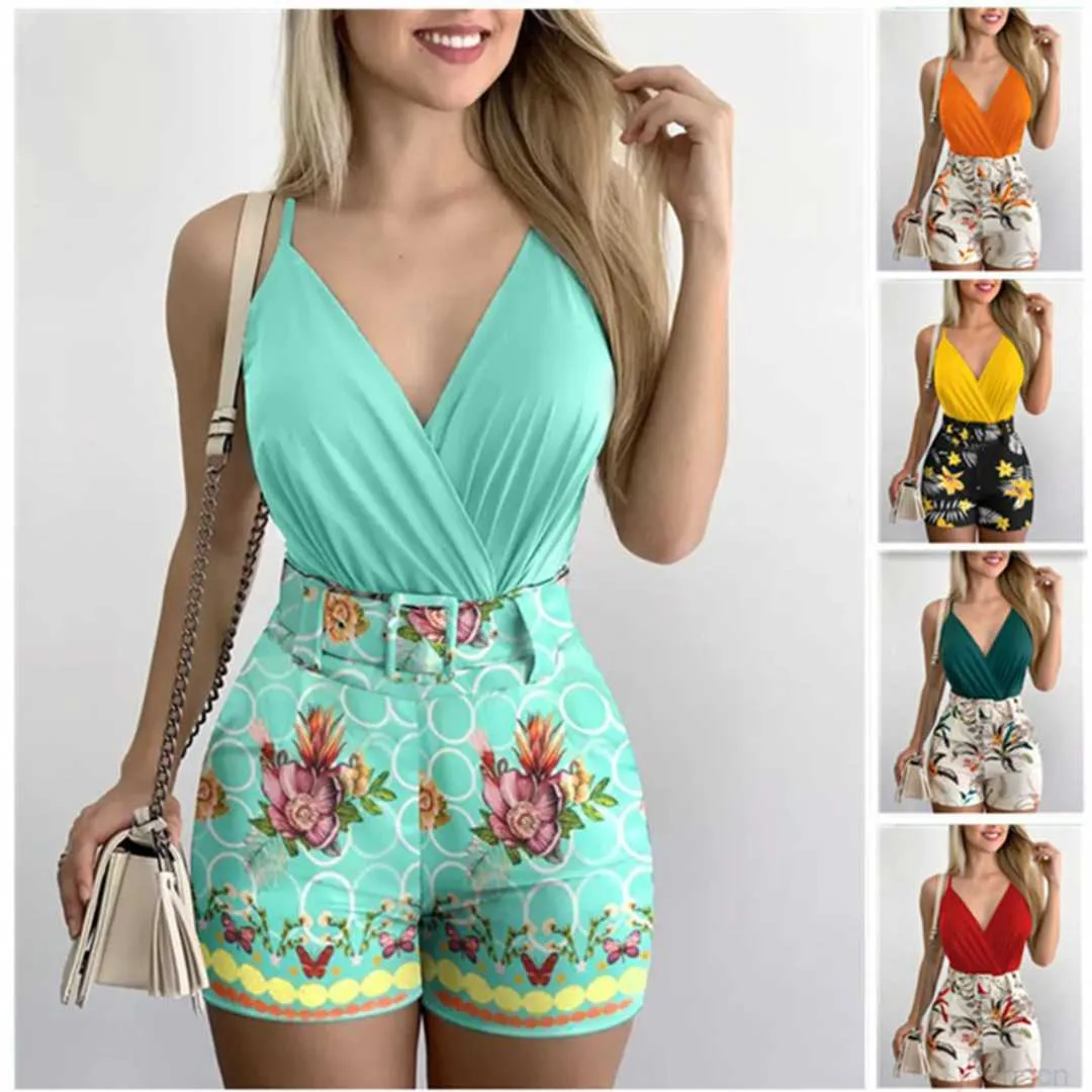 2023 Kvinnors jumpsuits amp Rompers V-Neck Suspender Vest and Plant Print Shorts Suit With Belt Best Quality