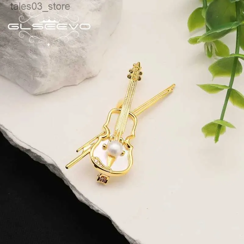 Pins Brooches GLSEEVO Delicate and Elegant Gold Color Violin Inlaid Gold Silver Plated Brooches For Women Trend Music Party Jewelry Accessorie Q231107