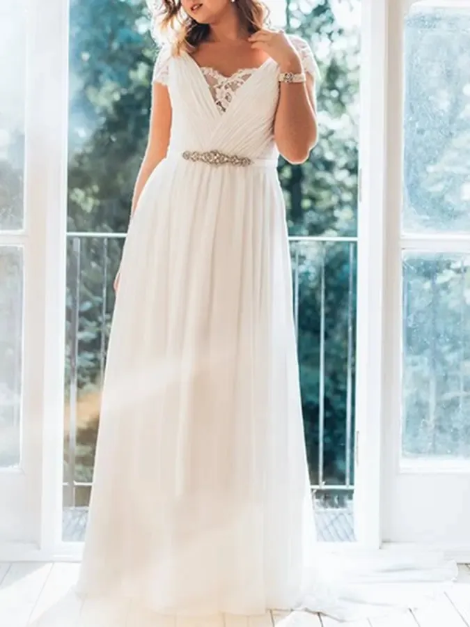 Elegant Plus Size Wedding Dress V-neck Short Sleeves Robe de Mariage Sweep Thrain Crystal Sas Lace Back Chiffon Bridal Gown