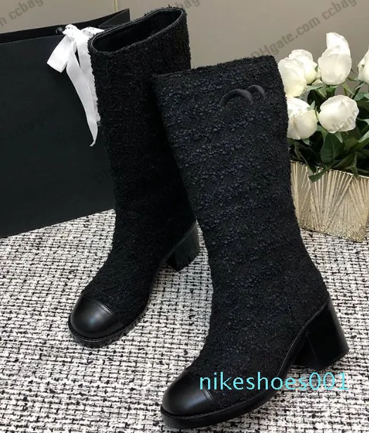 Talons 6cm Tweed Slip On Knight Moto Botte de neige en plein air classique rose noir texture matelassée avec jeans avec sacs à poussière