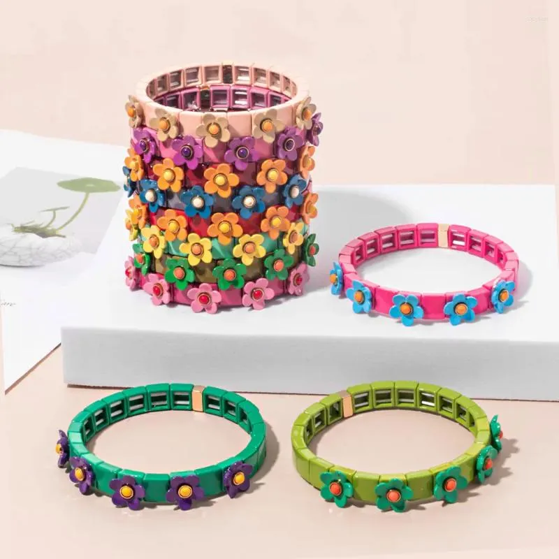 Strang BEUTIFOR Damen-Armband, handgefertigt, Emaille, bunte Blumen, bemalte Perlen, Armreifen, Stretch-Fliese, 2023, Modeschmuck