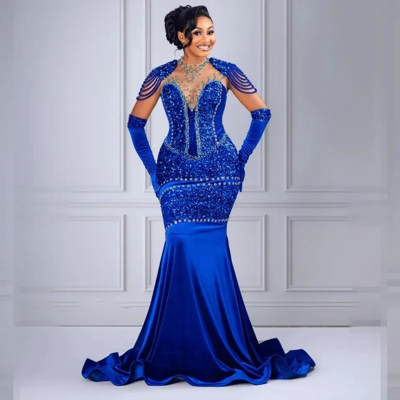 Sequin Beading Aso Ebi Evening Dresses Blue Veet Crystal Formal Gown With Goe Sweep Train Abendkleider Womens Specail Ocn Dress 326