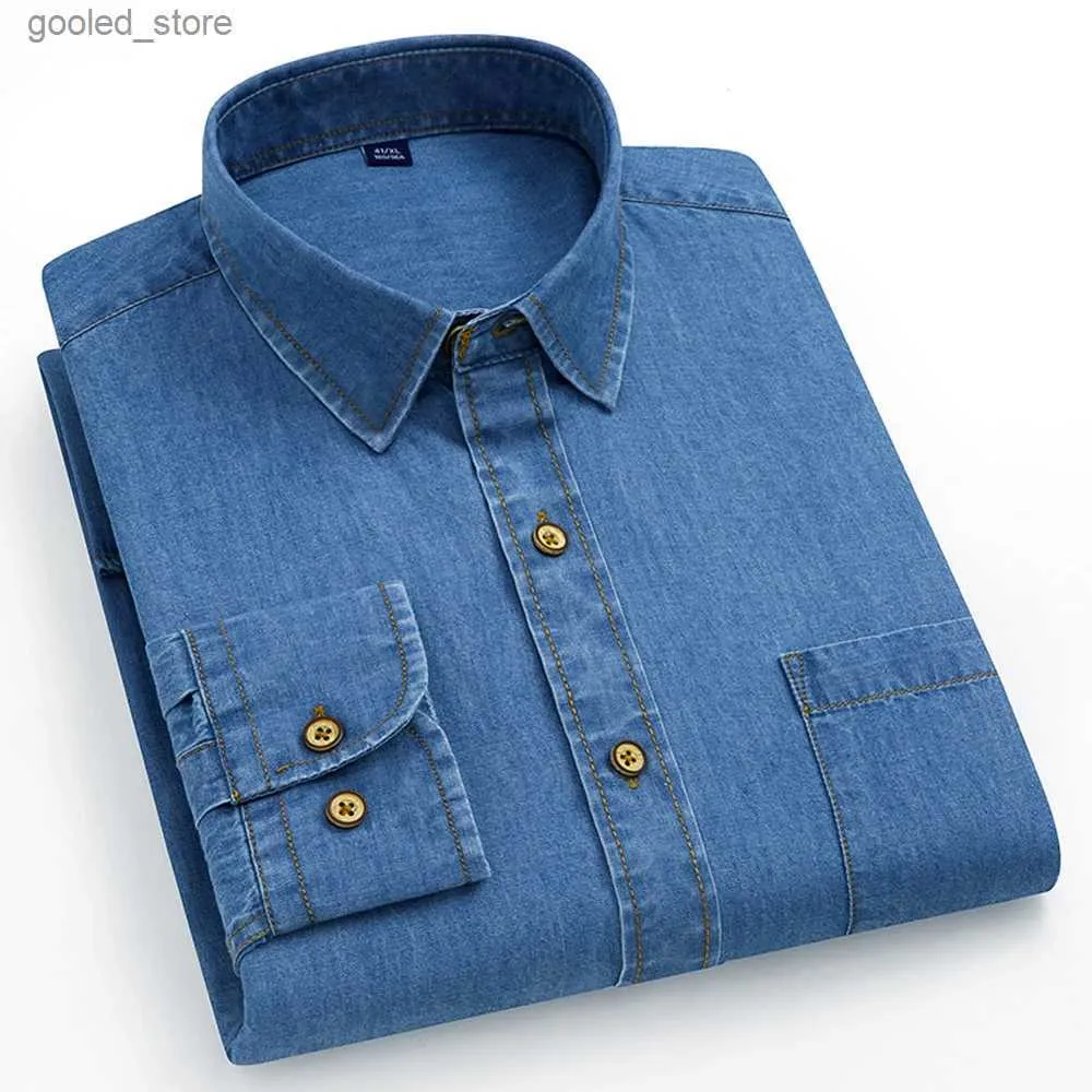 Chemises décontractées pour hommes Chemise de travail en denim occidental classique à manches longues pour hommes Poche poitrine unique Coupe standard Confort Durabilité Chemises en coton décontractées douces Q231106