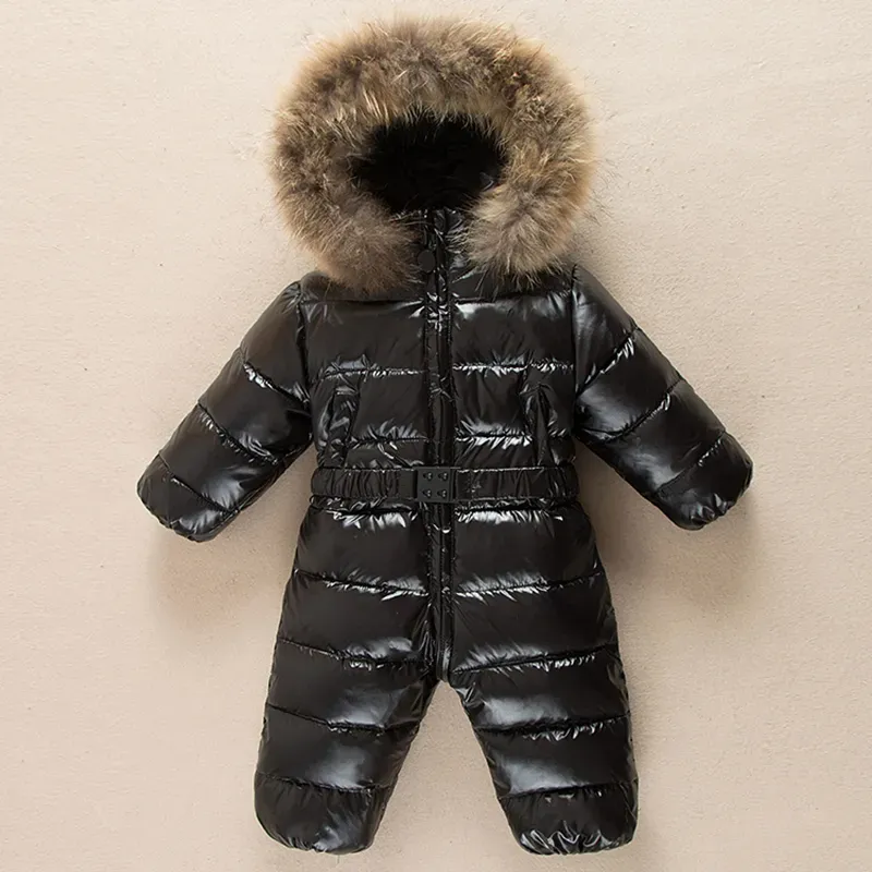 Hotsell hiver chaud bébé barboteuses combinaison enfants canard vers le bas salopette Snowsuit enfant en bas âge enfants garçons filles fourrure à capuche barboteuse costume vêtements 201