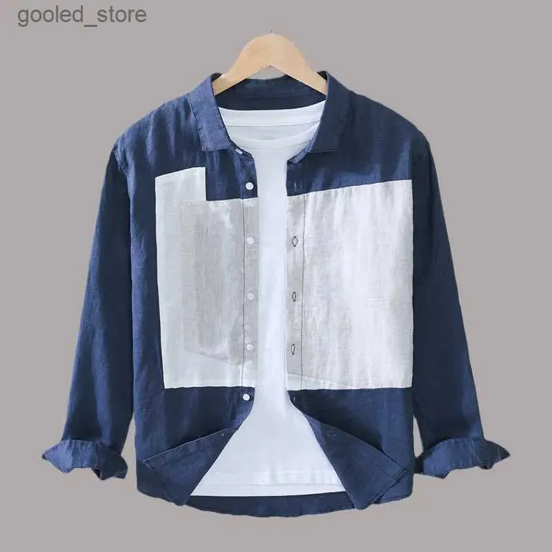 Chemises décontractées pour hommes Pur lin hommes col rabattu chemises à manches longues japon style géométrie patchwork haute qualité élégant décontracté hauts chemises Q231106