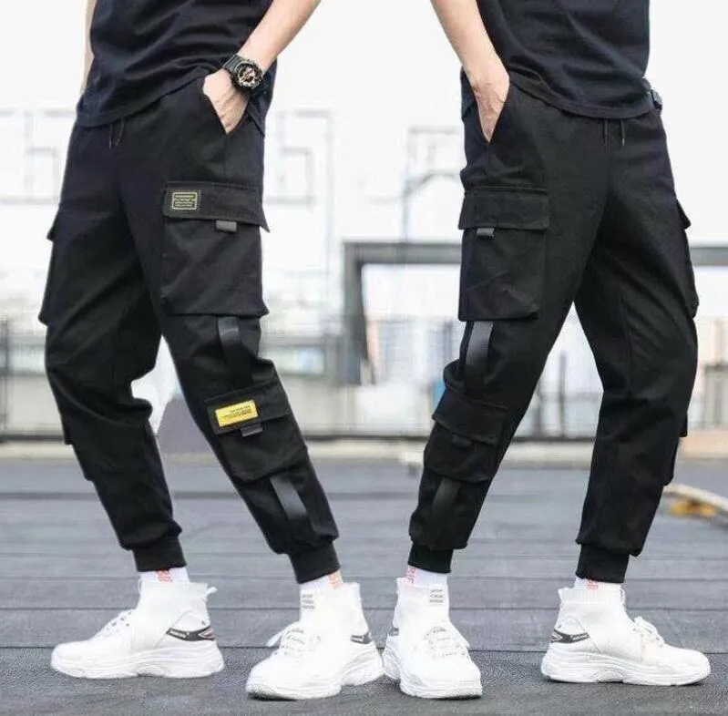 Nuovi Uomini di Modo Nastri Blocco di Colore Nero Tasca Pantaloni Cargo Pantaloni Harajuku Pantaloni Sportivi Pantaloni Hip Hop Uomini Pantaloni Sportivi S-5XL