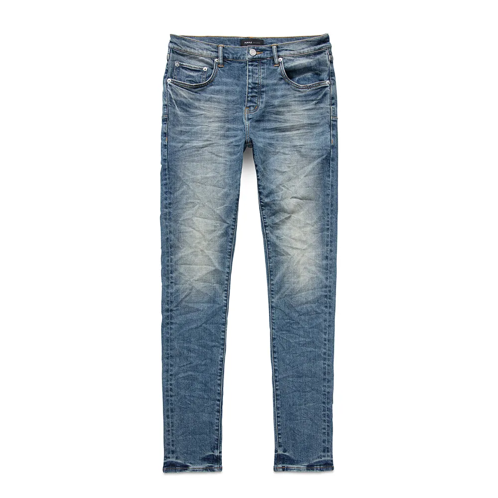 Jean skinny classique taille basse pour homme, teinte indigo moyen, en denim stretch vintage de qualité supérieure