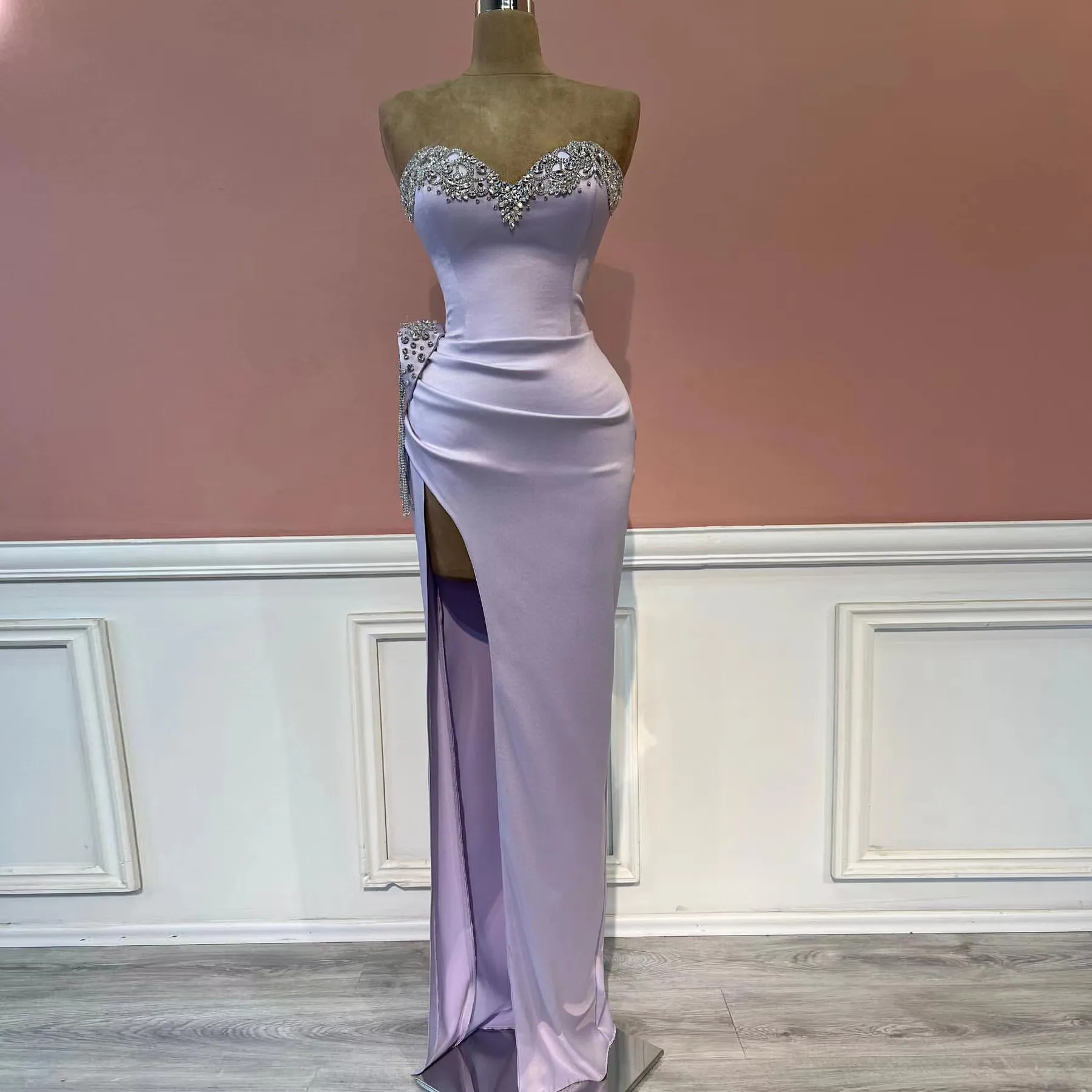 Lilac Long Mermaid Prom Dress Satin Sweetheart Beads High Side Split Red Carpet Sexy Evening Gonws Formal Occasion Dresses