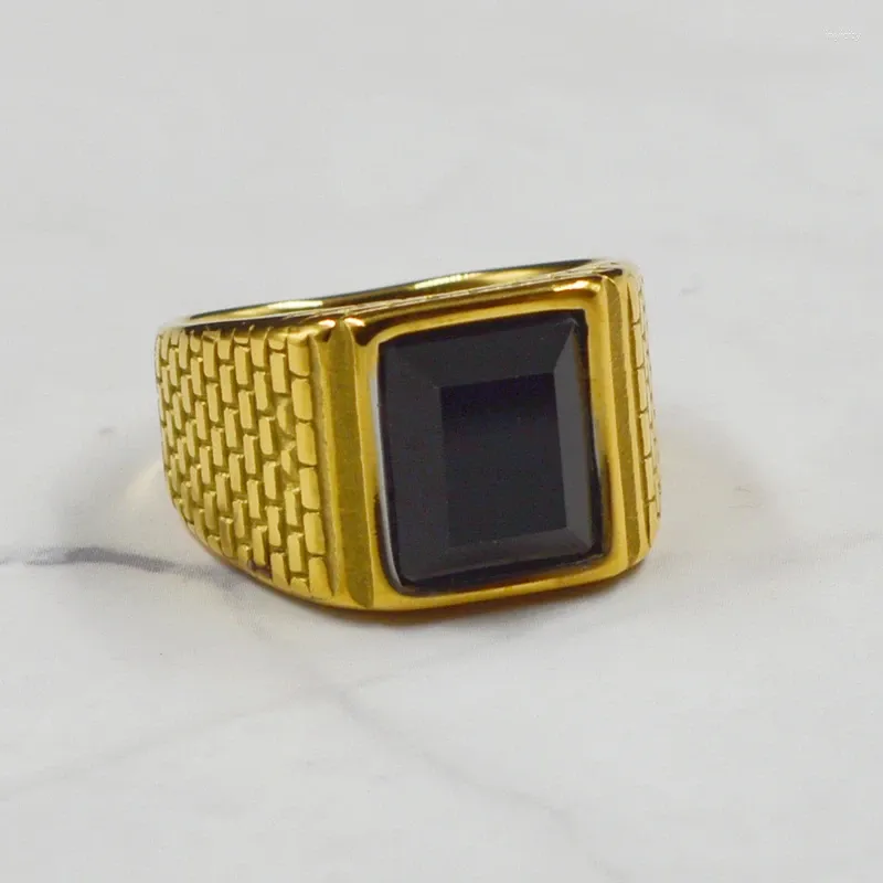 Кольца кластера Стильная печатка для мужчин и женщин с черным квадратным камнем золотого цвета ювелирные изделия из нержавеющей стали
