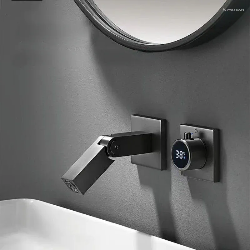 Bathroom Sink Faucets Brass Gunmetal Grey Foldable Basin Faucet With Built-in Temperature Display