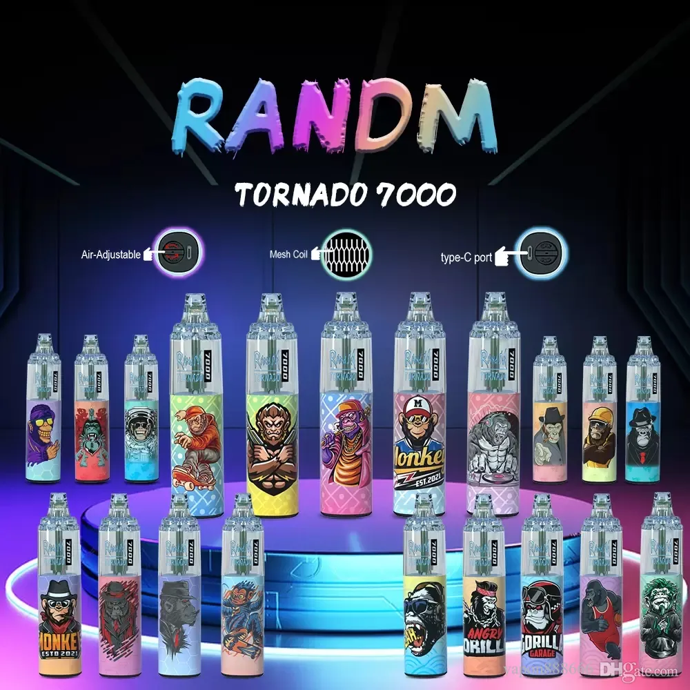 2023 Randm Tornado 7000 puffs Original engångsvapspenna elektroniska cigaretter 14 ml pod med mesh spole 56 färger uppladdningsbar luftjusterbar 2% 5%