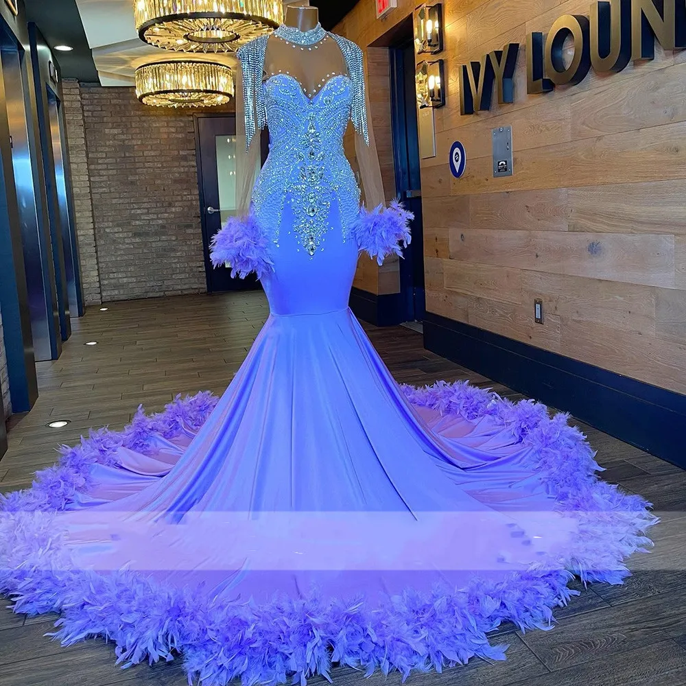 Robe de bal longue violette, col haut, pour filles noires, avec pompon en cristal perlé, robes de fête d'anniversaire, plumes, robes de soirée