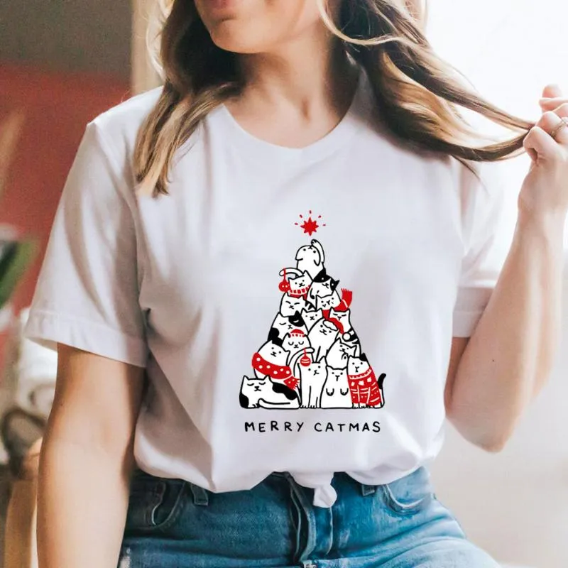 女性用Tシャツメリーキャットマスマスマスクリスマスシャツ到着綿女性Tシャツユニセックス面白い秋の冬のカジュアルショートスリーブトップイヤーティー