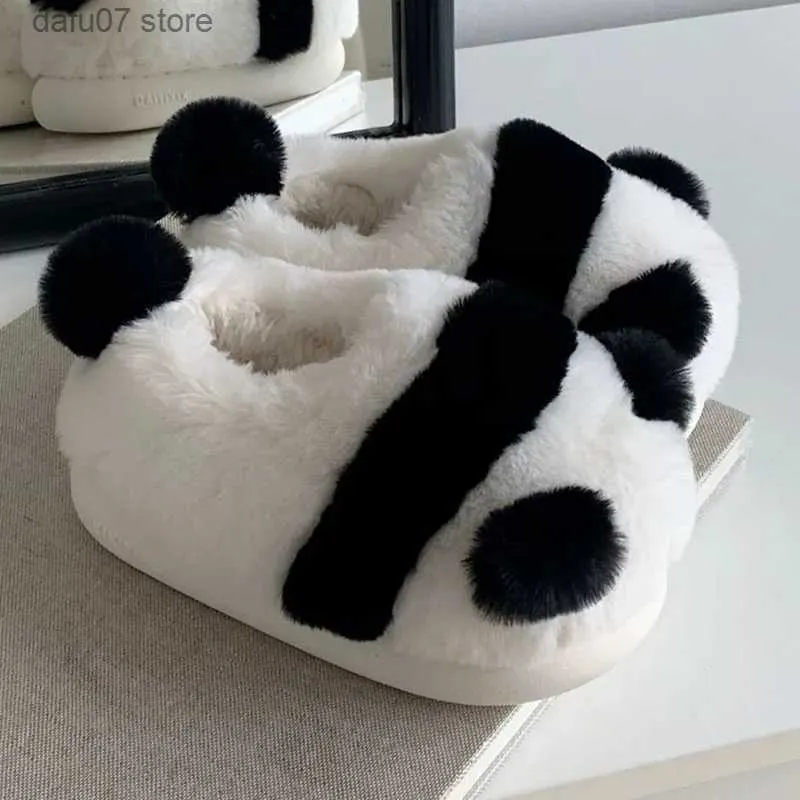 Pantofole 2023 Nero Bianco Cute Panda Pantofole Donna Soffici pantofole pelose Piattaforma Suola spessa Scarpe invernali Kaii Memory Foam Home Slides T231106