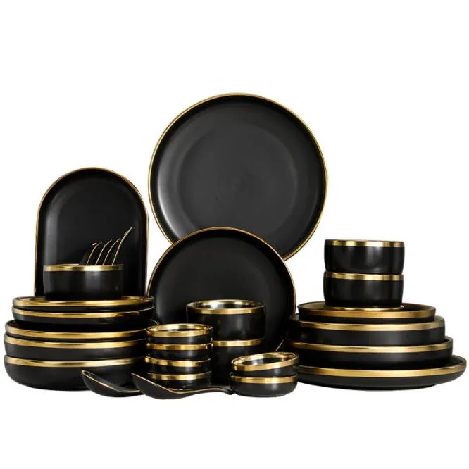 Black Tableware Set Ceramic Dinner Plate Dishes Plates and Bowls Set Food Plate Salad Soup Bowl Dinnerware Set for Restaurant