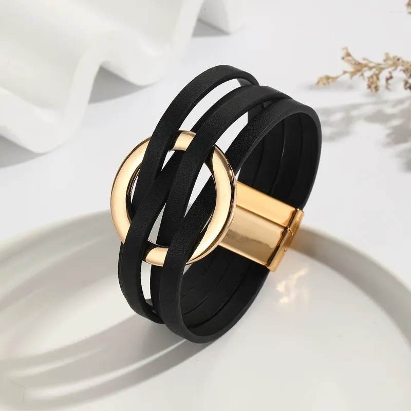 Charm Armband Multi Layer Wide Leather Armband för Women Metal Circle Accessories Summer Wristband Manschett Magnet Buckle Jewelry