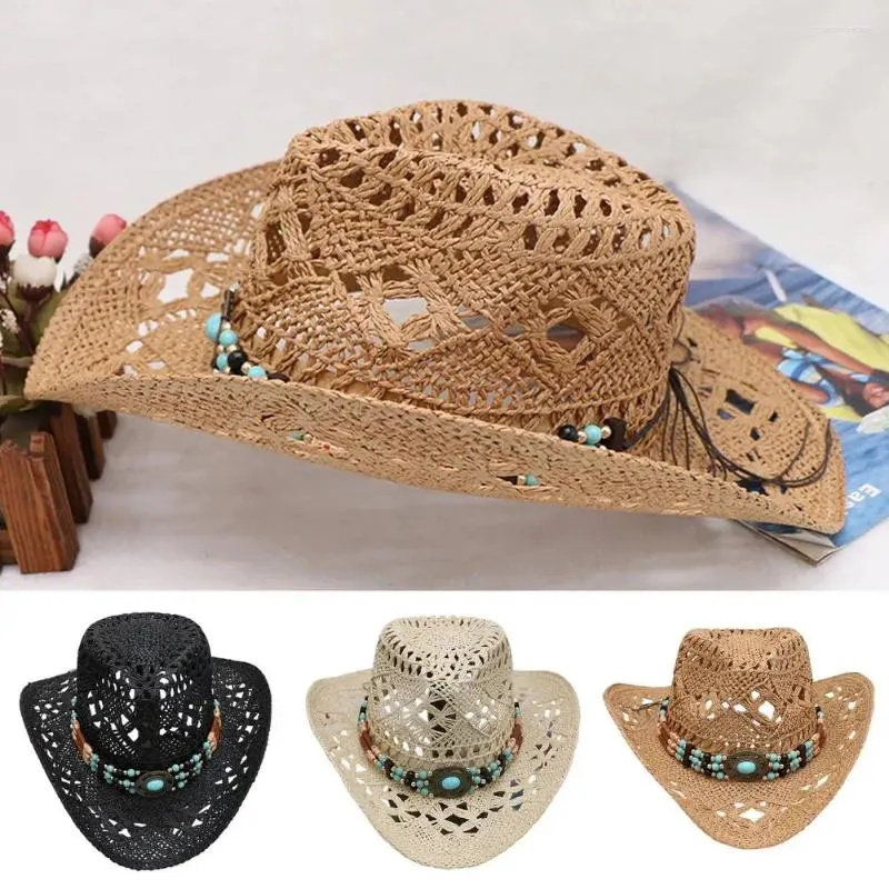 Bérets Chapeau de cowboy de paille unisexe avec bandes décoratives creuses respirantes design ultraléger cowgirl tissé soleil