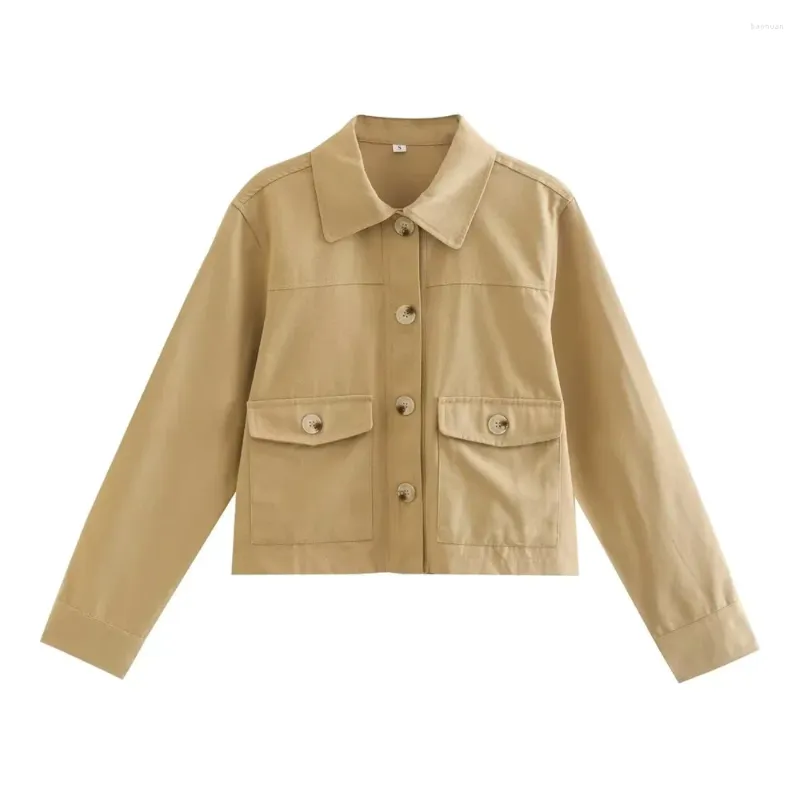 Women's Jackets Khaki Women Autumn Cropped Tooling Shirt Style Casual Tops Chic Fashion Loose Ladies Short Jacket