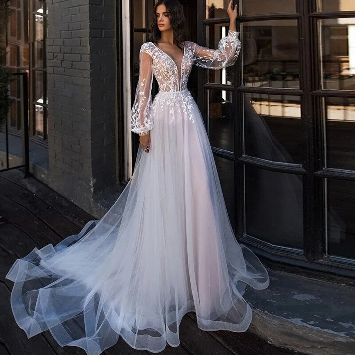 Uzun kollu gelinlik robe de mariage çiçek dantel gelinlik prenses vintage gelinler elbise robe de mariee