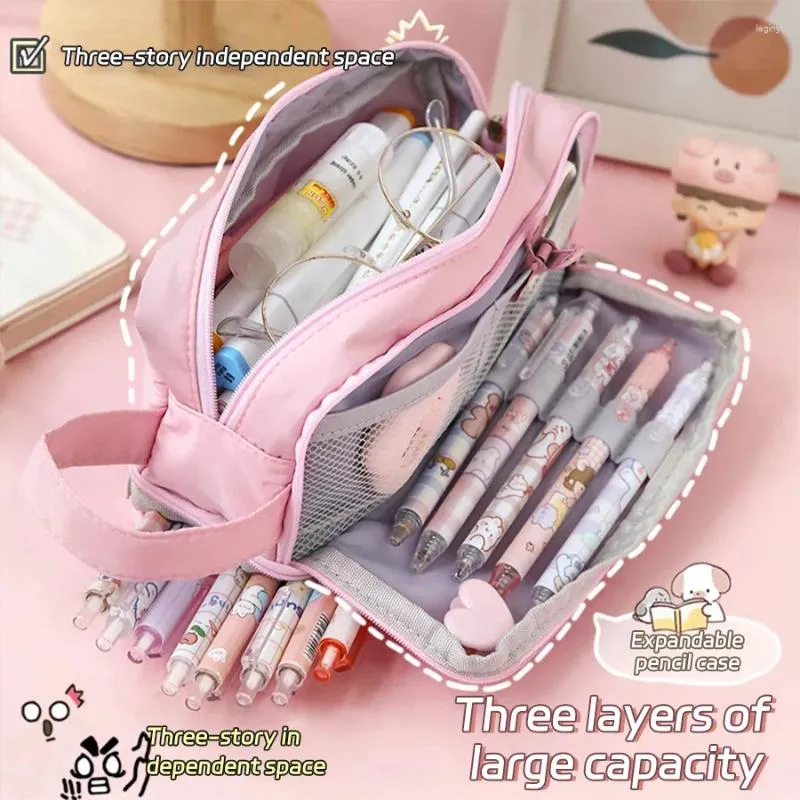 Double-layer Pencil Bag Large-capacity Case Simple Macaron Style Cosmetic Storage School Supplies Student Stationery