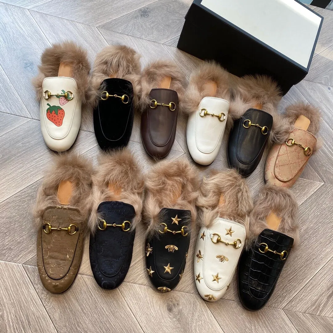 Designer Slippers Formal Princetown Top Quality Women Mules Flats shoes Women Loafers Genuine Leather fluff Fur Casual Shoes Metal Shoe Men Velvet Slipper
