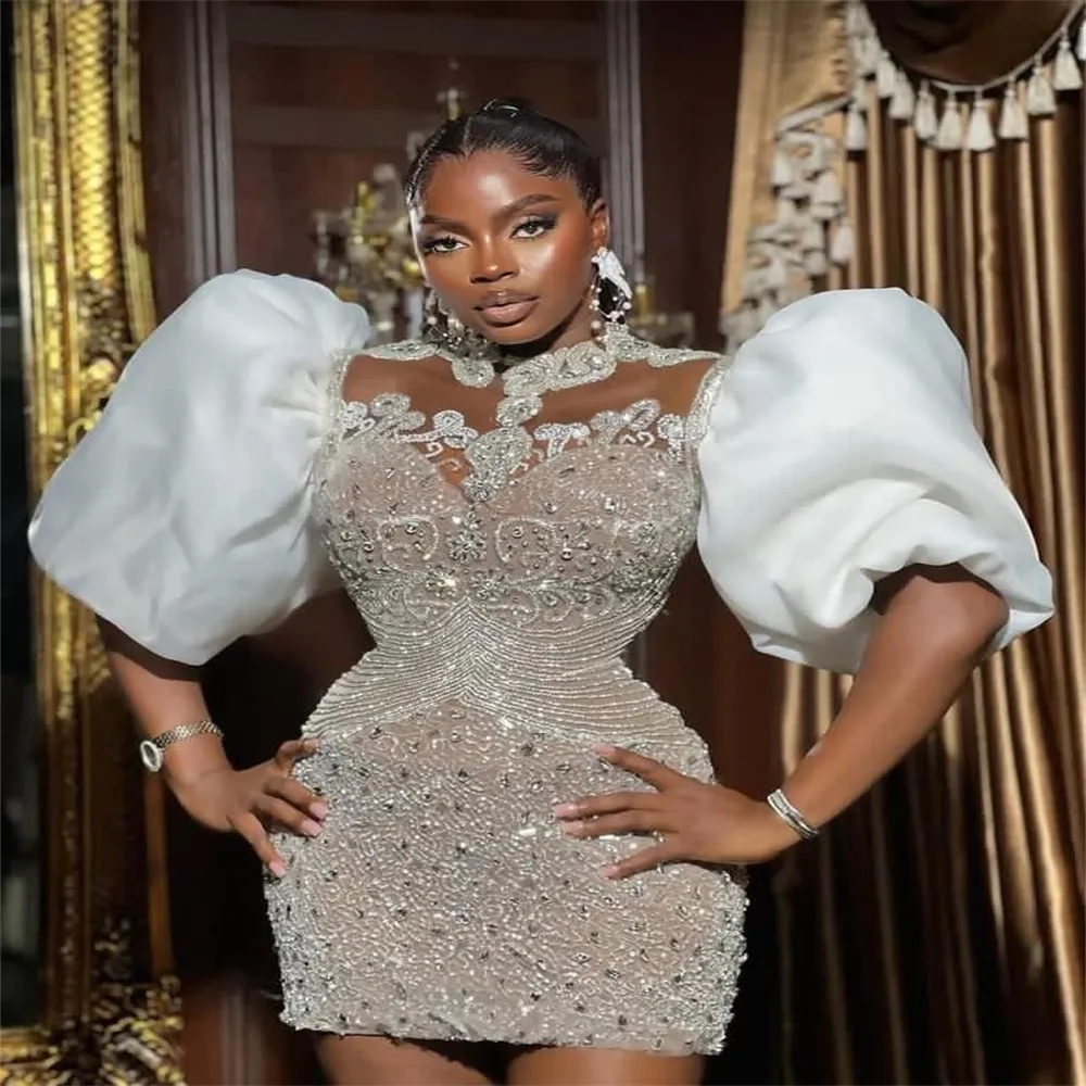 Arabic Bridal Dresses Sheer Neck Mini Dress: Aso Ebi Plus Size