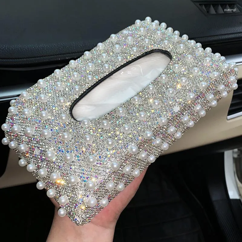 Tissue Boxes & Napkins Sparkling Pearl Rhinestone Napkin Holder Home Car Styling Bling Leather Box For Luxury Girl Accessories