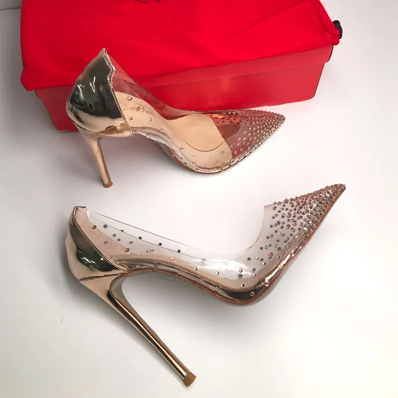 Sexy Rose Gold Heels Pumps Women Shoes New Champagne PVC with Rhinestone Stiletto Heel Luxuries Brand Red Bottom High Heels Fashion Wedding Shoes