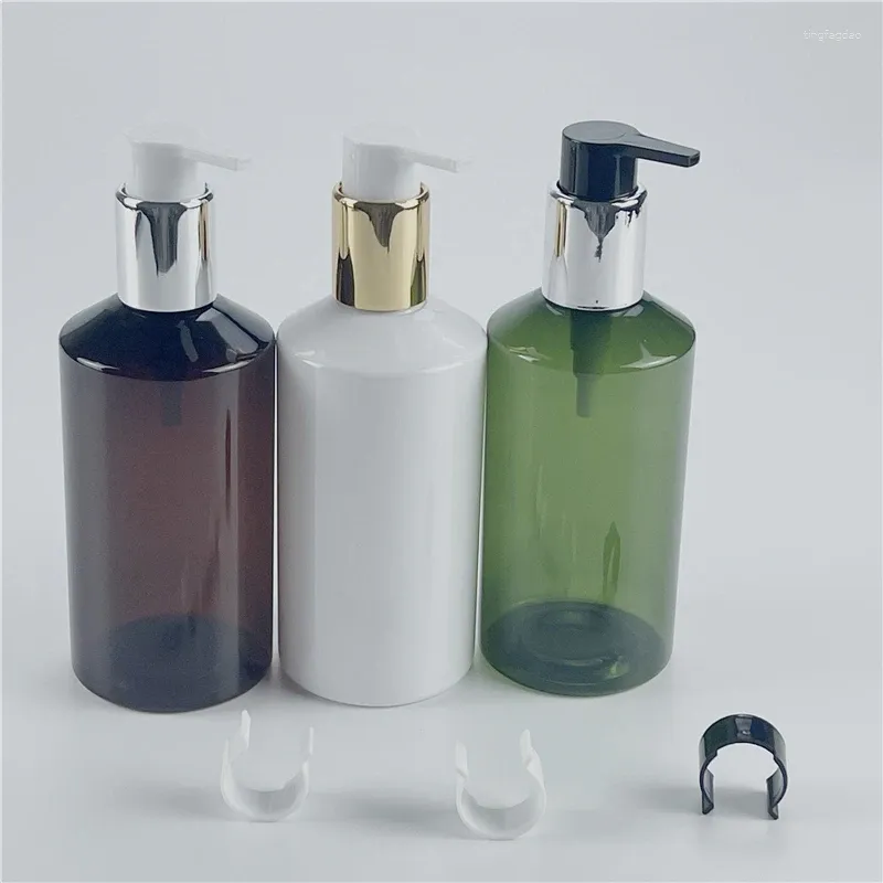 Storage Bottles White 300ML X 20 Silver Gold Collar Lotion Pump Cosmetic Bottle Empty Plastic For Shampoo Liquid Soap Shower Gel