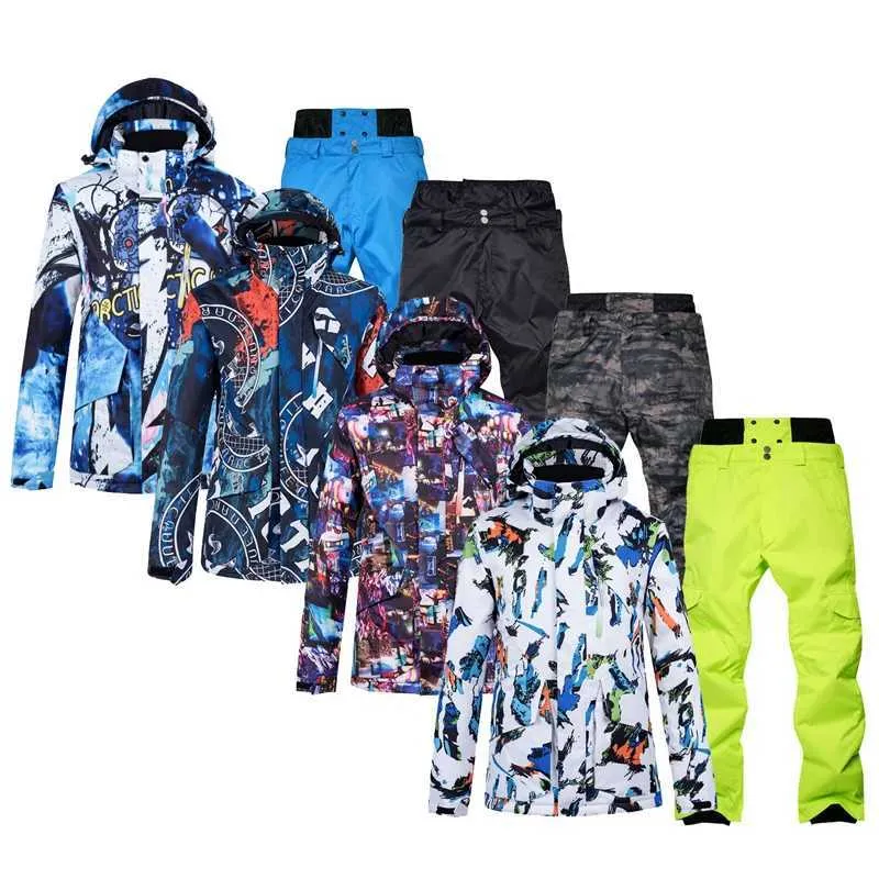その他のスポーツ用品カラフルなメンズアイススーツセットスノーボード服防水冬服の屋外衣装スキージャケットとズボンHKD231106