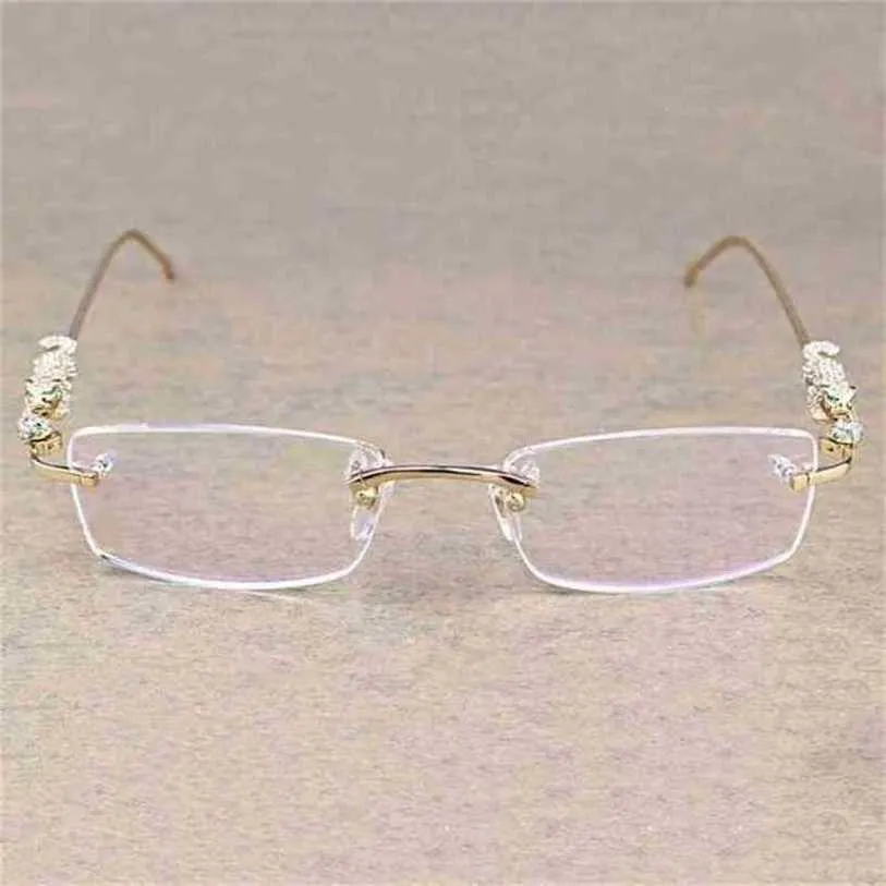 Lunettes de soleil d'extérieur de luxe à la mode Vintage léopard sans monture pierre claire lunettes transparentes cadre lunettes hommes accessoires Oculos lunettes 6384Kajia