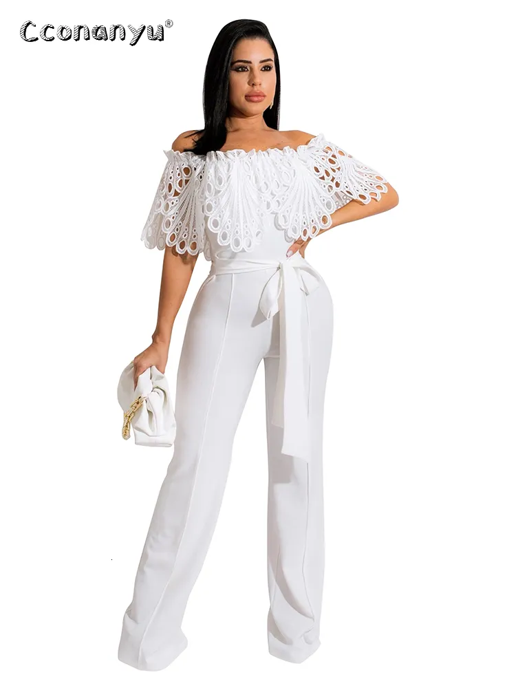 Kobiety Jumpsuits Rompers Summer Ruffled kołnierz długie spodnie Czarny kombinezon Elegancja swobodna szeroka noga kombinezon dla kobiet 230404