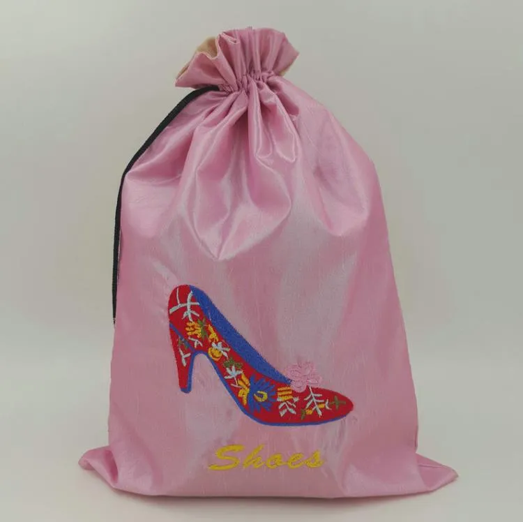 Big Embroidery High heels Shoe Pouch Bags for Travel Shoe Storage Bag Portable Chinese Silk Drawstring Women-Shoe dust-Bags with lined SN4874