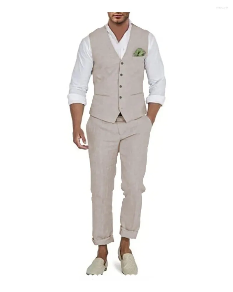 Abiti da uomo Arrivo Uomo 2 pezzi Gilet in lino beige formale da lavoro con scollo a V uomo (pantaloni gilet) per lo sposo da sposa