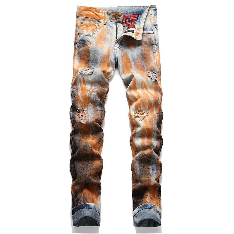 Ripped Orange Men's Skinny Jeans High Street Slim-Fit Stretch Denim Pants Autumn Punk Straight Mid-Waist Casual Streetwear