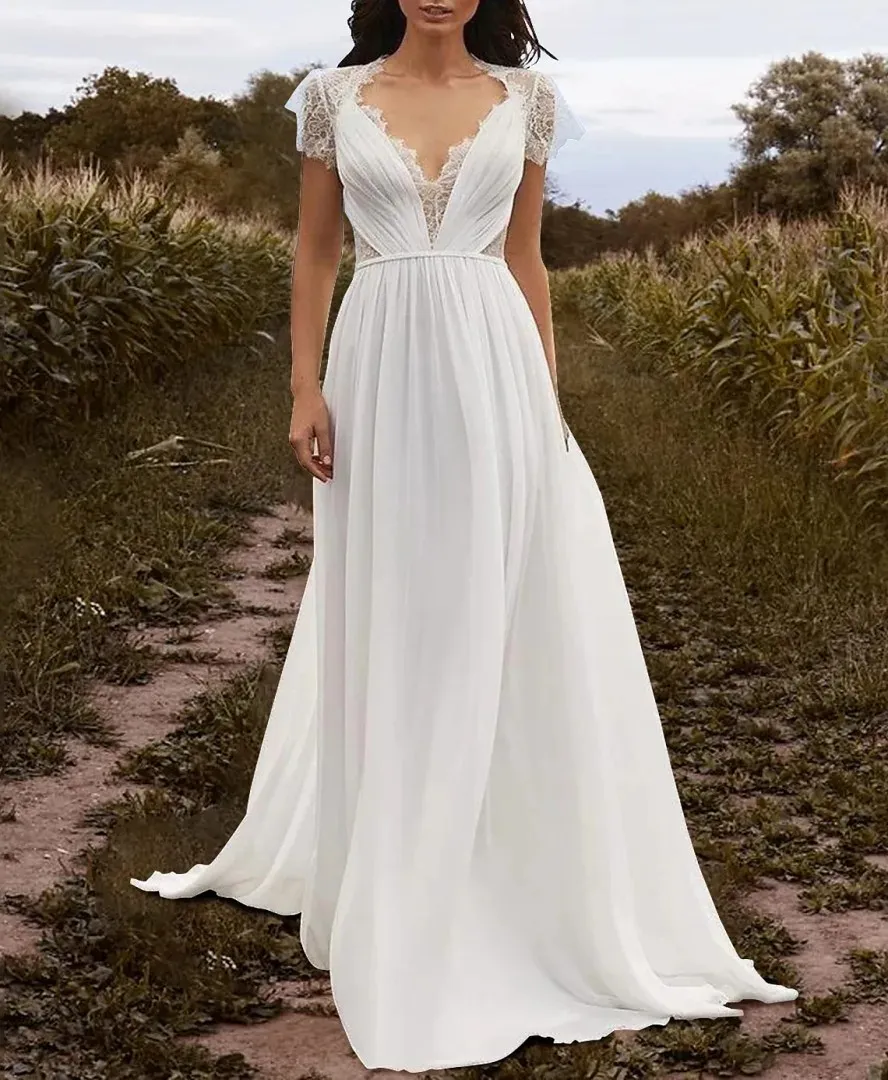 chinese dress ladies A-Line Off The Shoulder Chiffon Lace Bell Sleeve Wedding Dress COCOMELODY CW2223, 35 Days / Ivory / US6-UK8-EUR36 main image 1