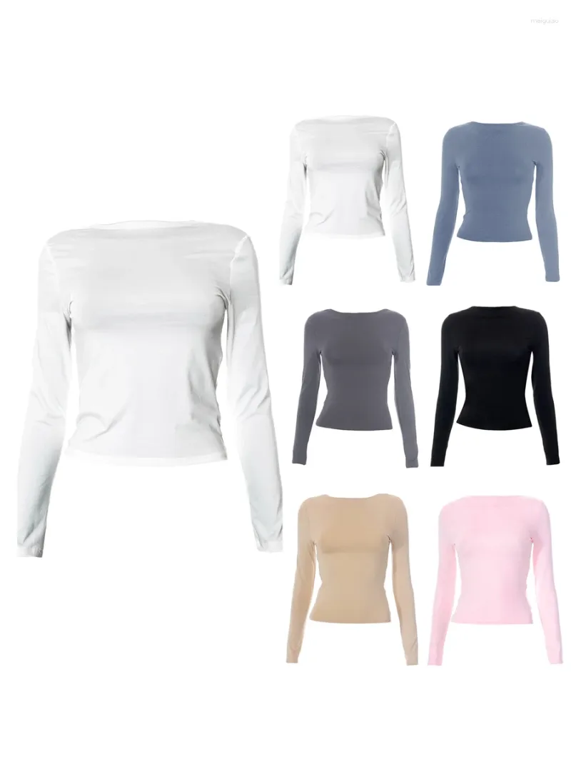 Mulheres camisetas Mulheres Backless Manga Longa Top Branco Alças Sexy Cropped Tops Primavera Outono Casual Slim Básico Tees Streetwear